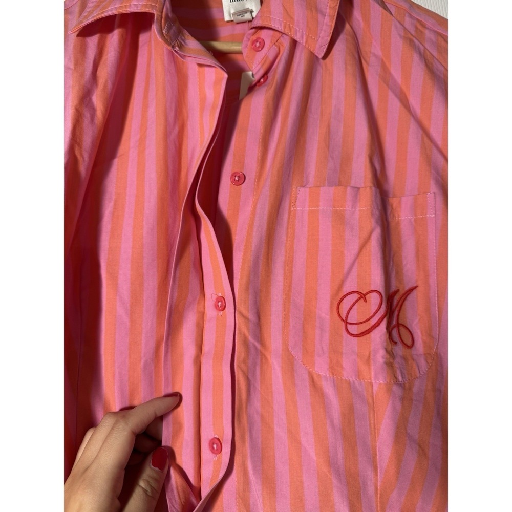Anthropologie Maeve Monogram Cropped Shirt Sz S Crest Striped Button Up PJ Top - Picture 7 of 12